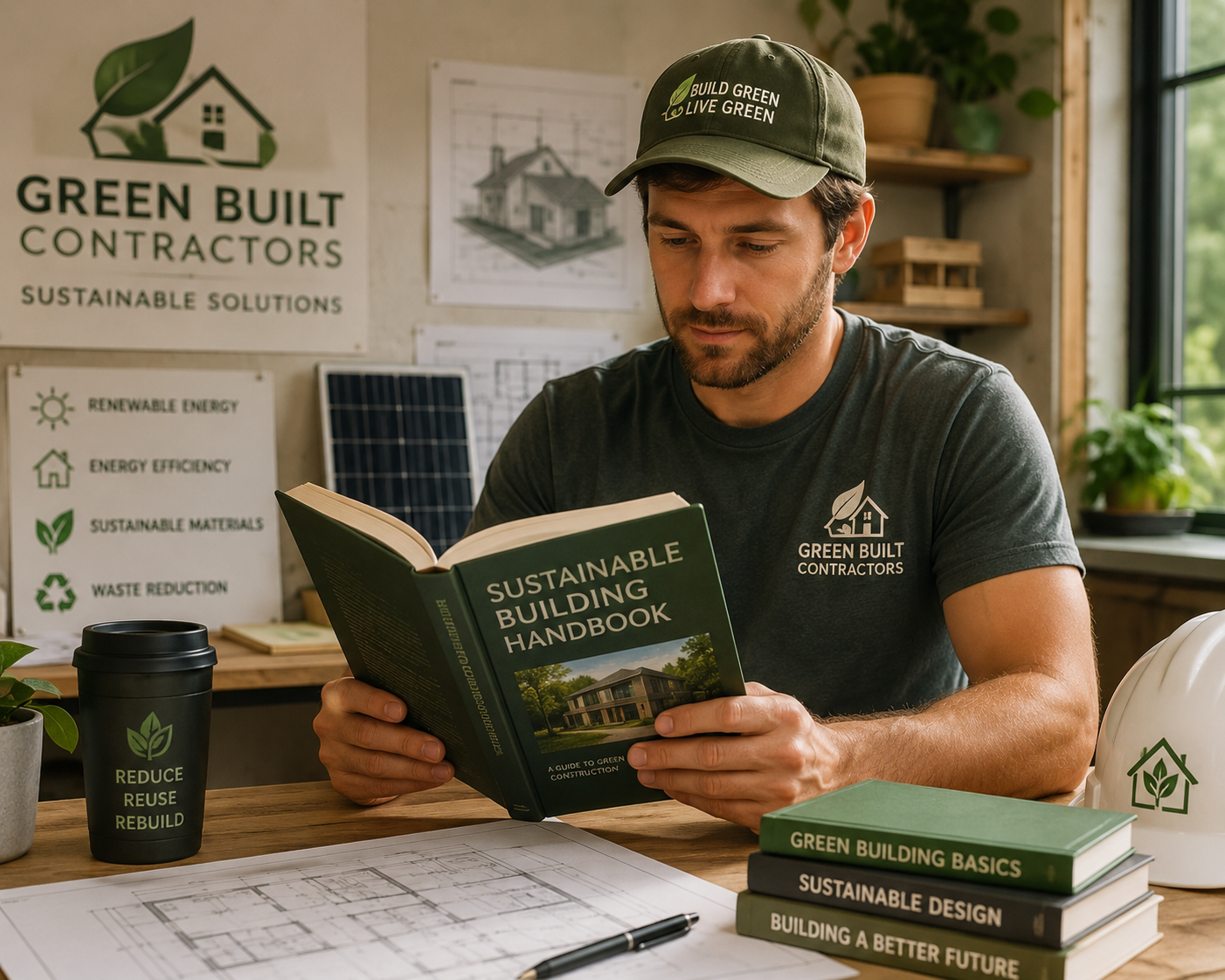green contractor reading a book